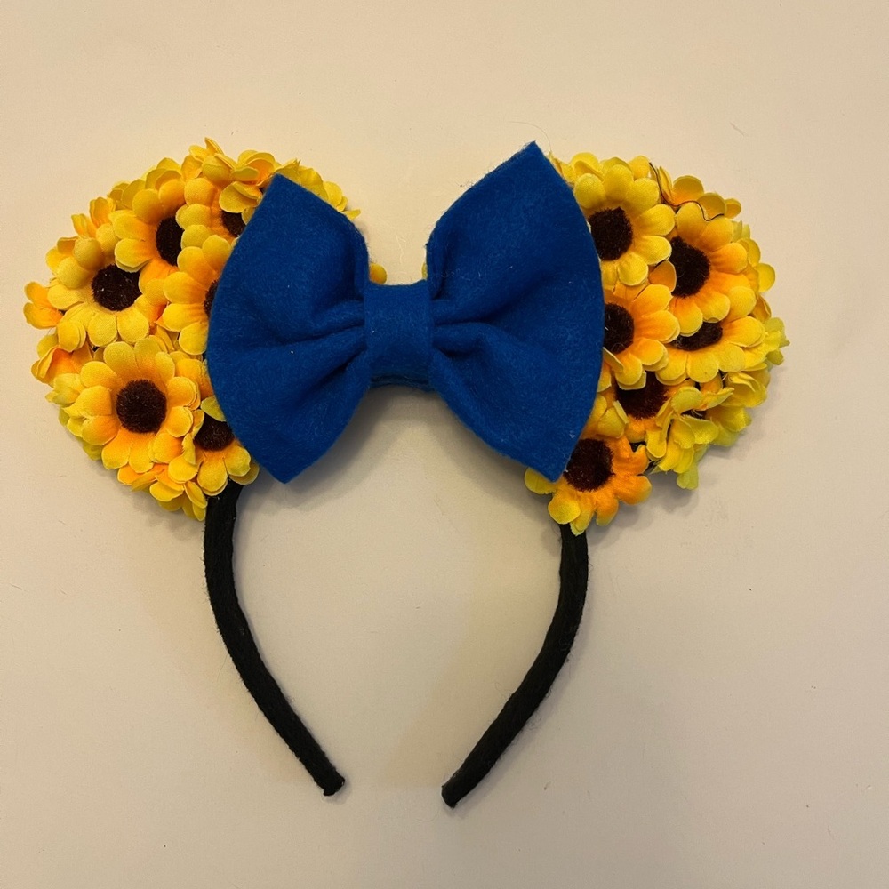 DISNEY ray of sunshine sunflower and blue felt bow‎ Mickey ears